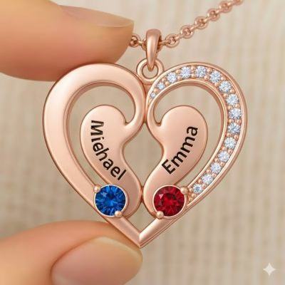 bi-rose.jpg Collana con ciondolo a cuore personalizzato con nomi incisi e pietre portafortuna