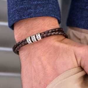 Bracciale personalizzato in pelle nera da uomo in argento sterling
