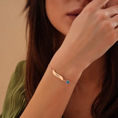Bracciale con nome in argento sterling 925 personalizzato con pietra portafortuna