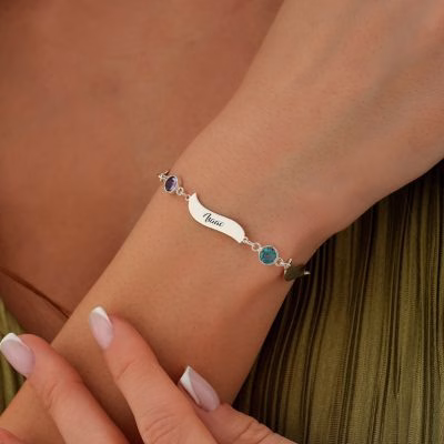 Bracciale con nome in argento sterling 925 personalizzato con pietra portafortuna