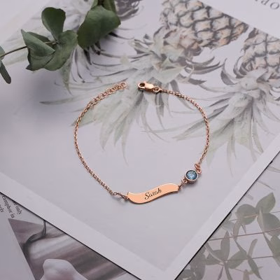 Bracciale con nome in argento sterling 925 personalizzato con pietra portafortuna