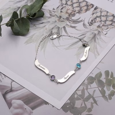 Bracciale con nome in argento sterling 925 personalizzato con pietra portafortuna