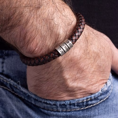 Bracciale personalizzato in argento sterling da uomo a filo singolo in pelle spessa