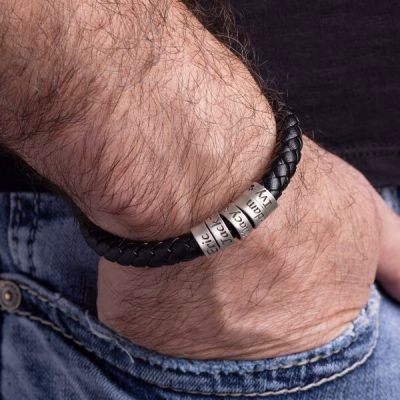 Bracciale personalizzato in argento sterling da uomo a filo singolo in pelle spessa