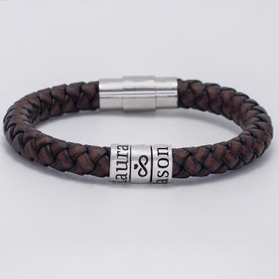 Bracciale personalizzato in argento sterling da uomo a filo singolo in pelle spessa