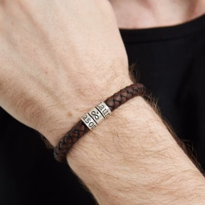 Bracciale personalizzato in argento sterling da uomo a filo singolo in pelle spessa