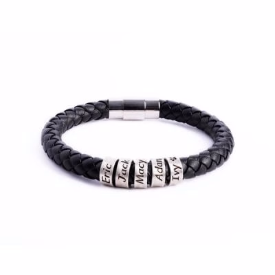 Bracciale personalizzato in argento sterling da uomo a filo singolo in pelle spessa