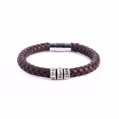 Bracciale personalizzato in argento sterling da uomo a filo singolo in pelle spessa