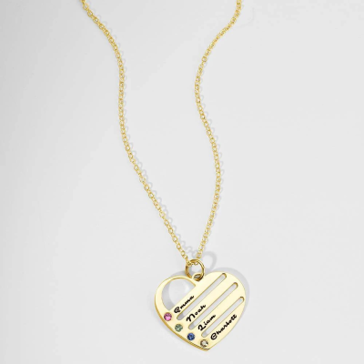 Birthstone Heart Necklace with Engraved Names - Gold Plated
