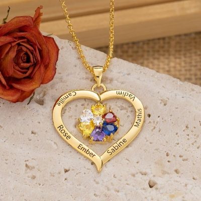 Personalized Heart Birthstone Necklace with Engraving