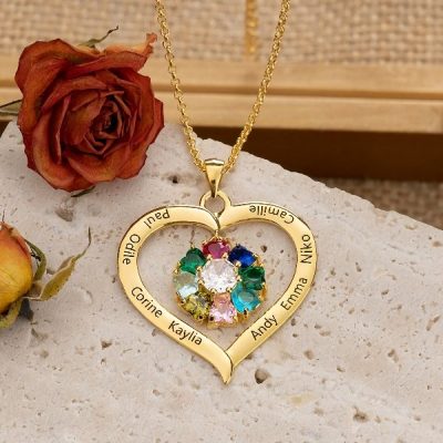 Personalized Heart Birthstone Necklace with Engraving
