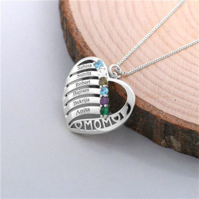 Engraved Heart Pendant Family Birthstone Necklace
