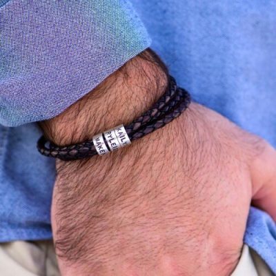 Personalized sterling silver men leather black bracelet