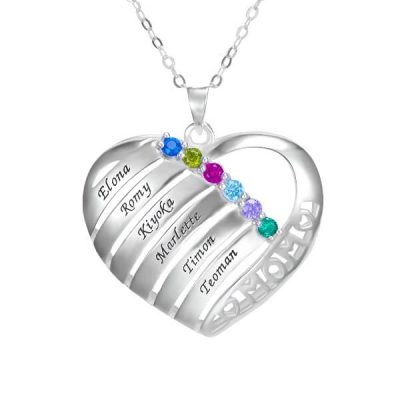 Engraved Heart Pendant Family Birthstone Necklace