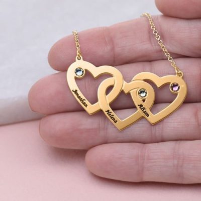 Intertwined Hearts Necklace with Birthstones - Gold Plated
