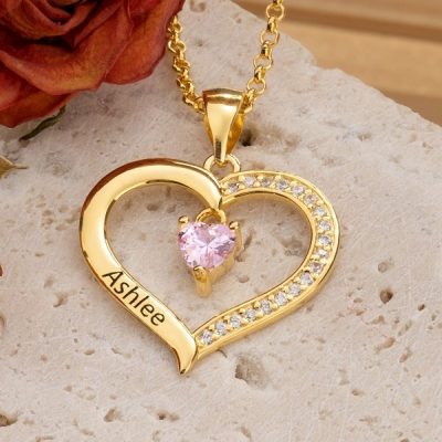 Personalized Heart Birthstone Necklace with Engraving