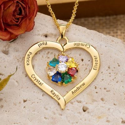 Personalized Heart Birthstone Necklace with Engraving