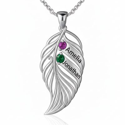 leaf-2-s.jpg feather of the same lineage Engraved Family Birthstone Necklace