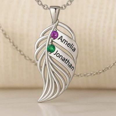 leaf-2-silver.jpg feather of the same lineage Engraved Family Birthstone Necklace