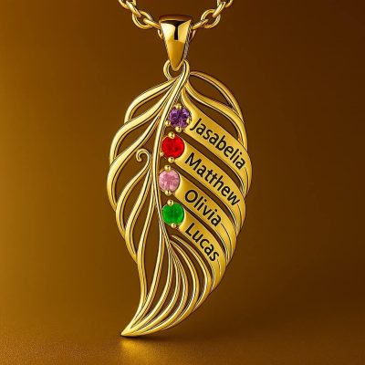 leaf-4-1.jpg feather of the same lineage Engraved Family Birthstone Necklace