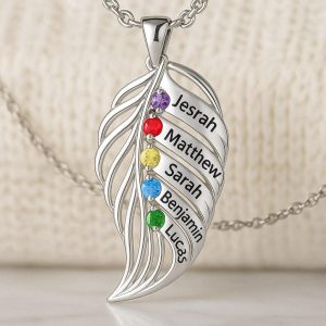 feather of the same lineage Engraved Family Birthstone Necklace