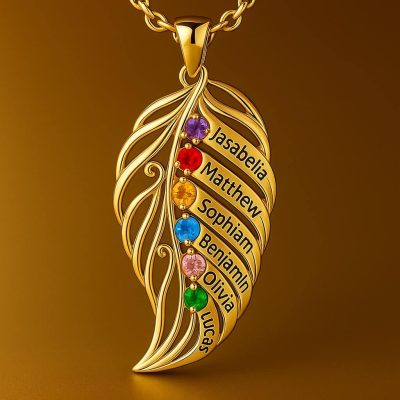 leaf-6-1.jpg feather of the same lineage Engraved Family Birthstone Necklace