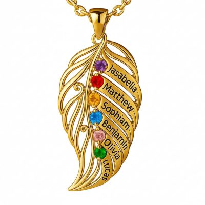 leaf-6-gold.jpg feather of the same lineage Engraved Family Birthstone Necklace
