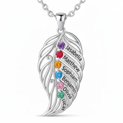 leaf-6-s.jpg feather of the same lineage Engraved Family Birthstone Necklace