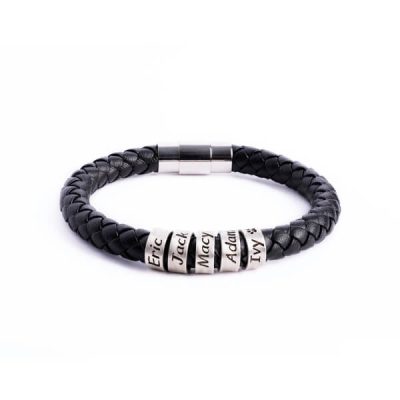 silver-black.jpg Personalized sterling silver men Single strand thick leather bracelet