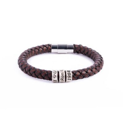 silver-brown.jpg Personalized sterling silver men Single strand thick leather bracelet