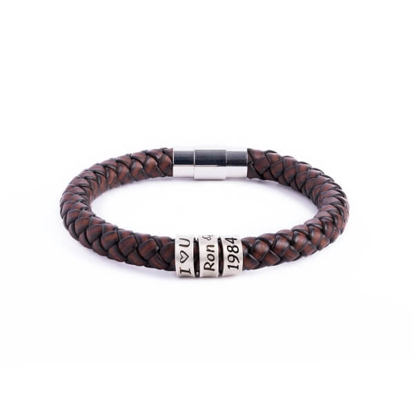 silver-brown.jpg Personalized sterling silver men Single strand thick leather bracelet